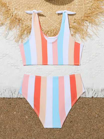 Girls' plaid print two-piece swimsuit bikini set on a white background
