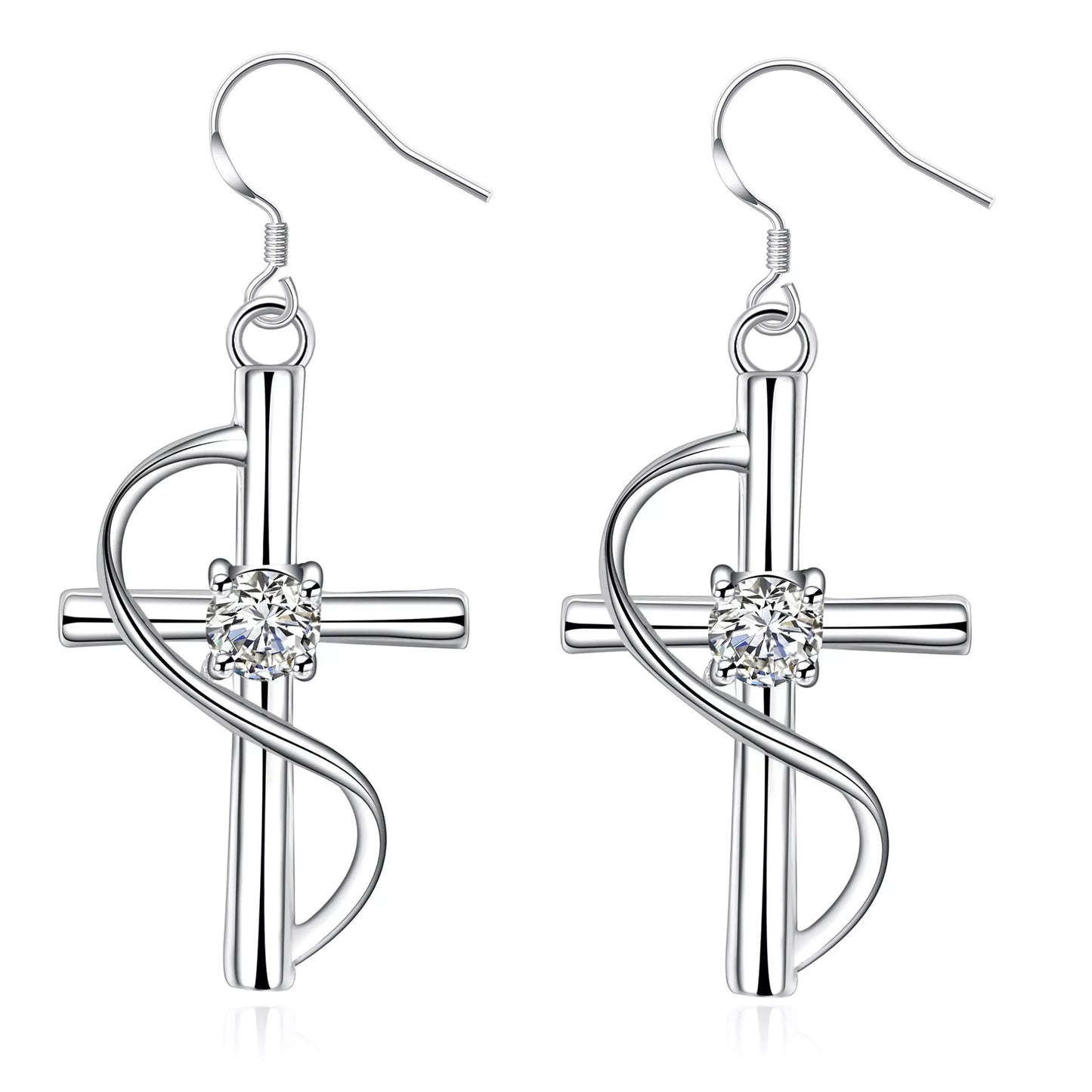 Elongated cross earrings in white metal, versatile and durable design