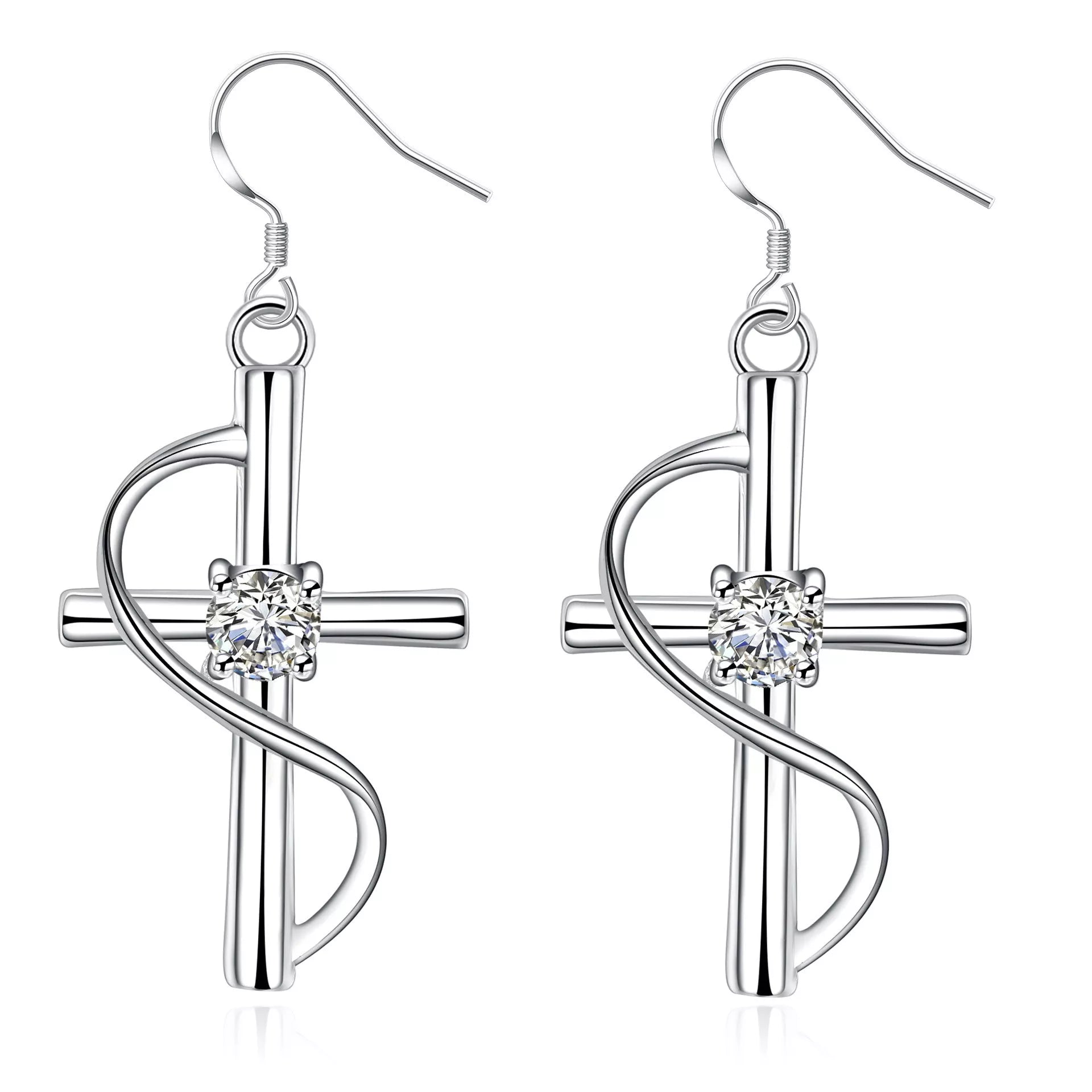 Elongated cross earrings in white metal, versatile and durable design