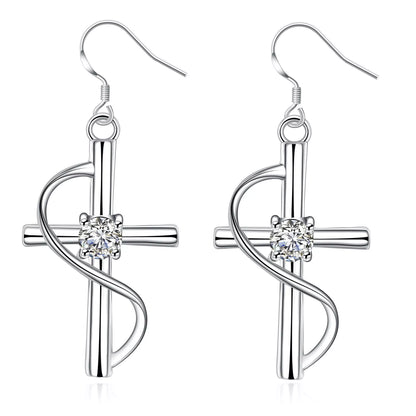 Elongated cross earrings in white metal, versatile and durable design