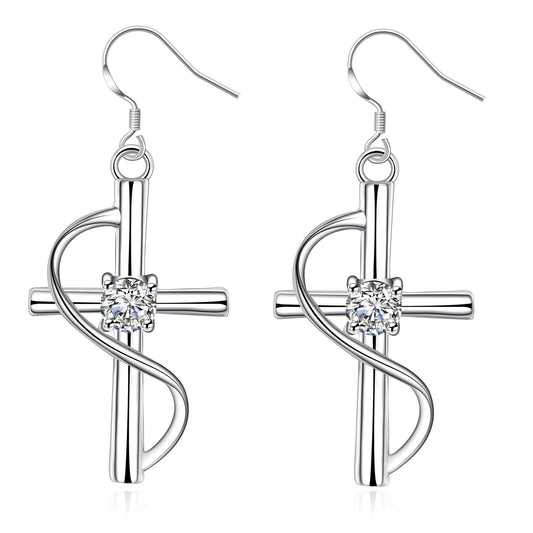 Elongated cross earrings in white metal, versatile and durable design