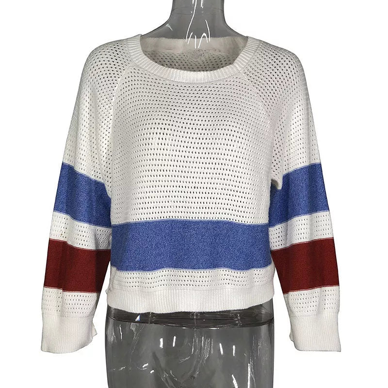 Women's white hollow-out long sleeve striped pullover sweater