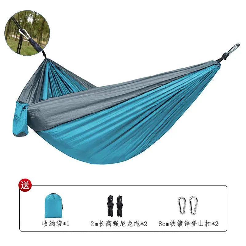 Outdoor camping hammock in sapphire blue colour showing 270cm length and 140cm width dimensions