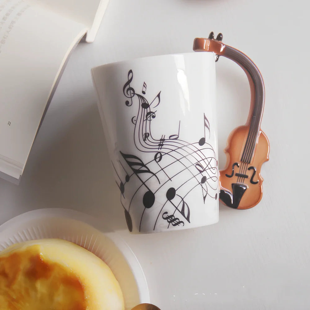 Ceramic music mug with violin-shaped handle showing 240ml capacity and smooth glazed interior