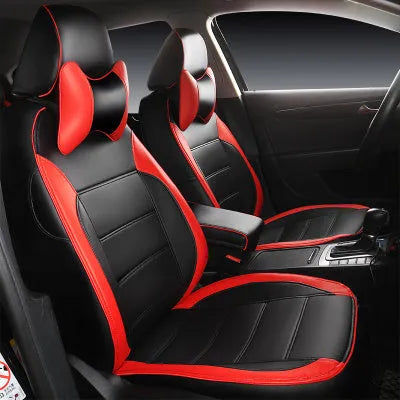 Genuine cow leather car seat cover in beige, shown fitted on a car seat with binding detail.