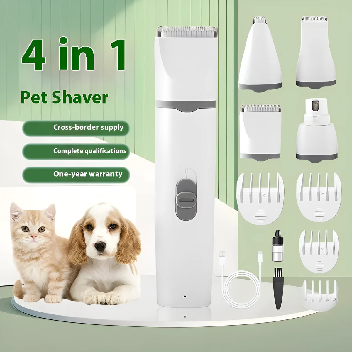 Pet shaver electric clipper suit with ABS body and white porcelain blade, shown in grey, pink, or blue set options.