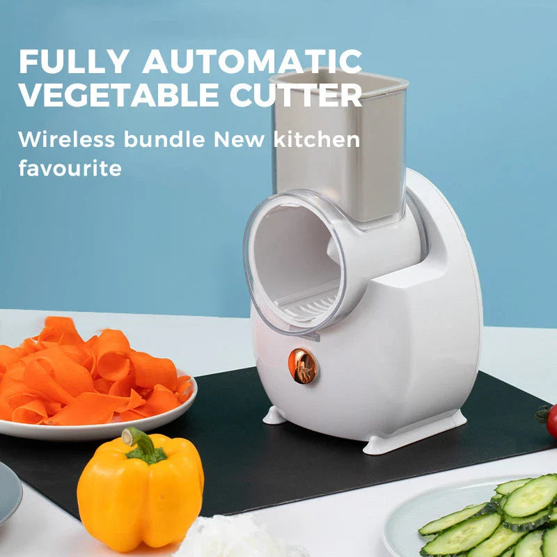 Versatile Electric Vegetable Slicer with interchangeable blades for slicing, shredding, and chopping a variety of produce