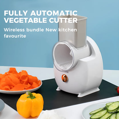 White electric vegetable slicer with rotary grater and suction base for kitchen use