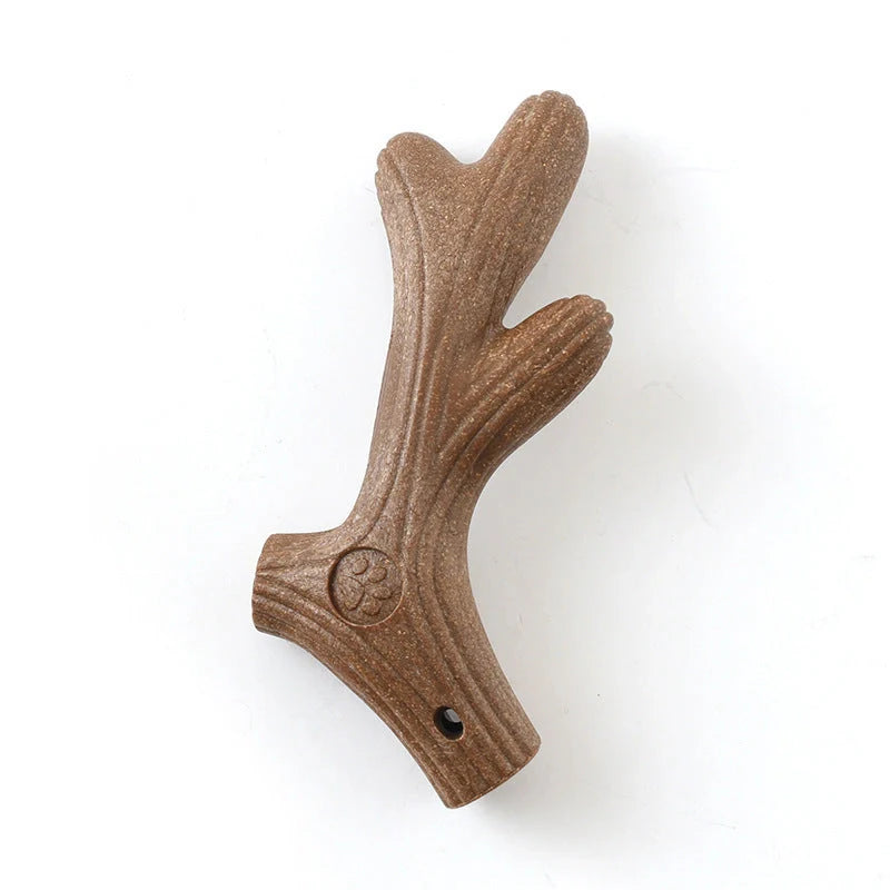 Small dog chew toy with teeth cleaning features in antler, bone, bamboo, and branch designs