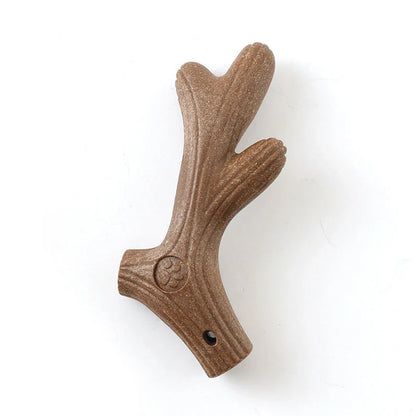 Small dog chew toy with teeth cleaning features in antler, bone, bamboo, and branch designs