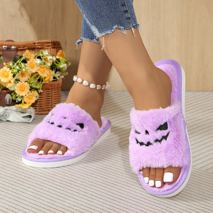 Plus size women's flat plush Halloween home slippers with artificial wool lining, TPR sole, toe ring design, purple orange black pink, sizes 35-44