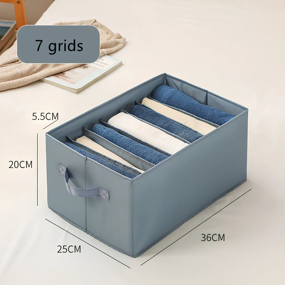 Foldable denim pants drawer organiser box with PP board construction and multiple compartments for clothing storage