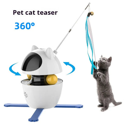 White automatic motion sensor cat toy with elastic rope wand extended