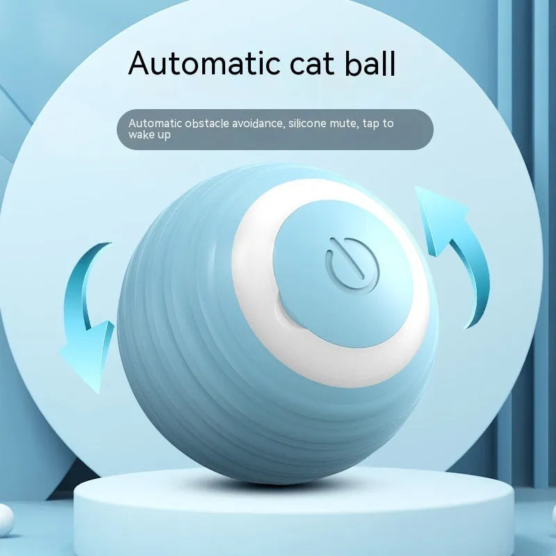 Blue automatic cat toy ball bouncing on floor with silicone construction and rechargeable design