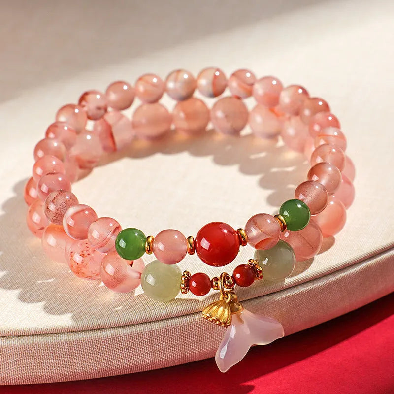 Women's ice floating south red white agate fishtail bracelet with natural colour variations and manual craftsmanship