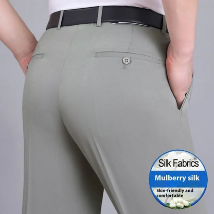 Men's dark blue high-waisted straight-leg non-ironing trousers made from a silk blend fabric.