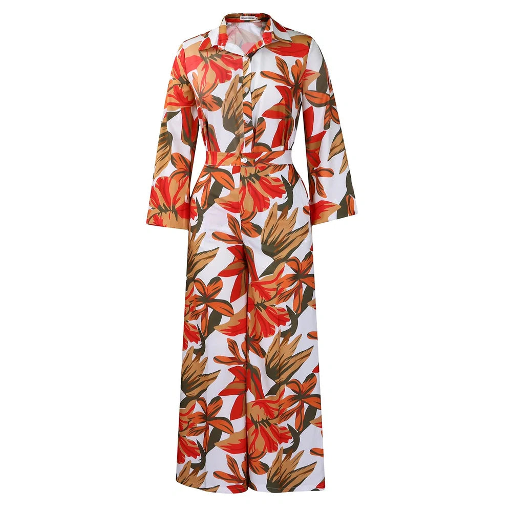 Red printed long sleeve shirt and wide leg trousers suit with polyester fabric on a hanger