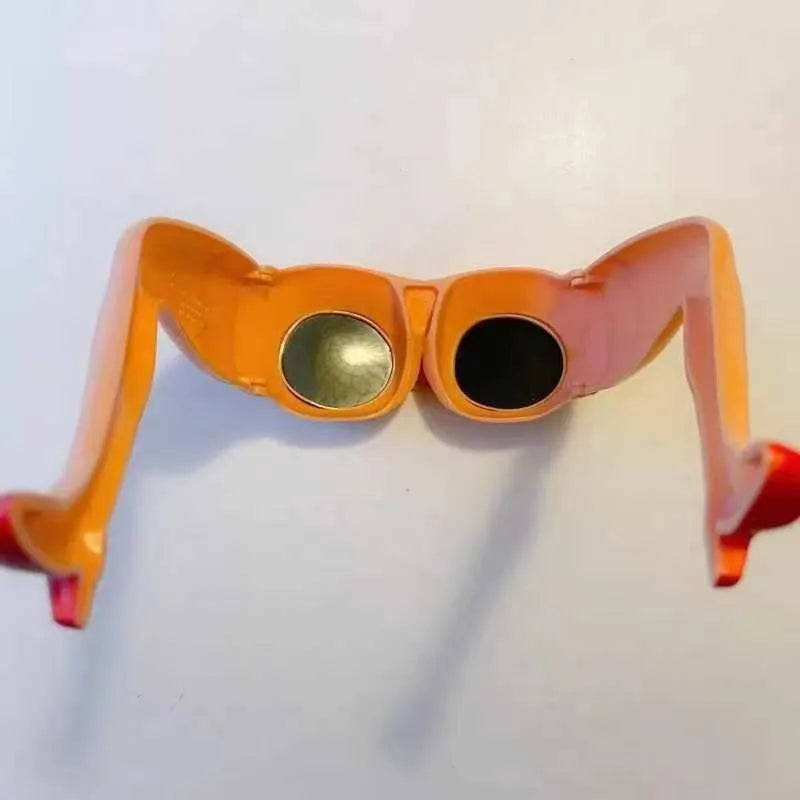 Orange personality style sunglasses with plastic frames measuring 15cm wide by 20cm high