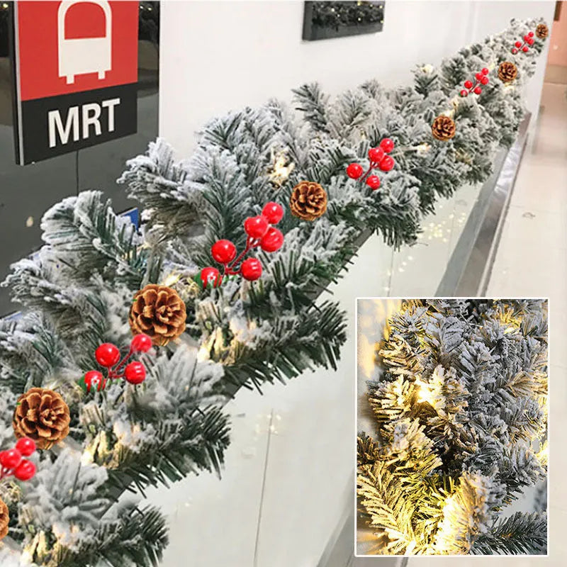 Snow-flocked rattan Christmas garland in rustic style draped on a mantle.