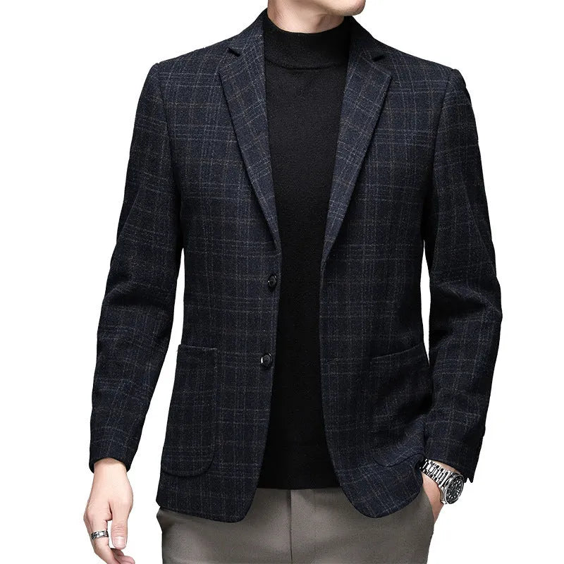 Men's solid colour woolen winter jacket in loose fitting casual business style