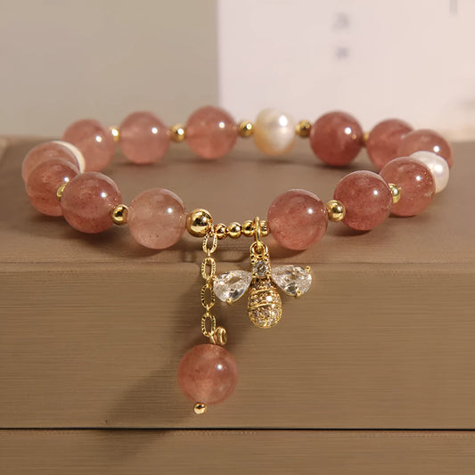 Freshwater pearl and strawberry quartz bracelet with zircon stones and alloy bead accents