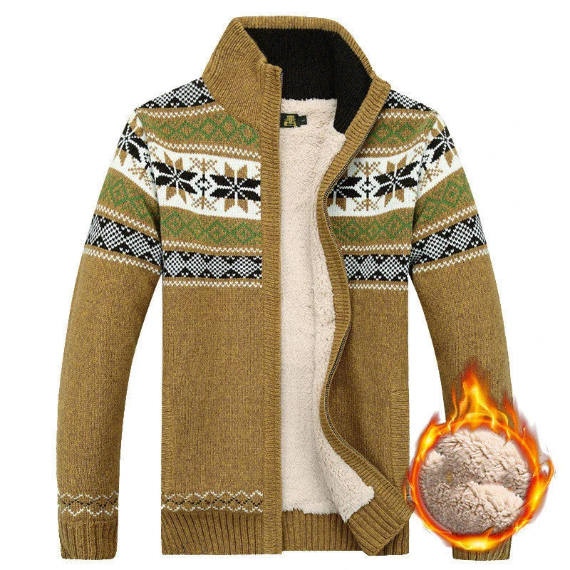 Cozy and stylish men's velvet cardigan sweater in blue, white, red, and grey colors