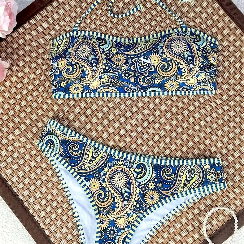 Women's floral print bikini with adjustable spaghetti straps in European-inspired patterns