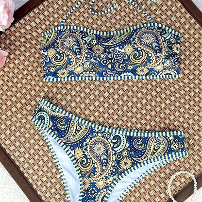 Women's floral print bikini with adjustable spaghetti straps in European-inspired patterns