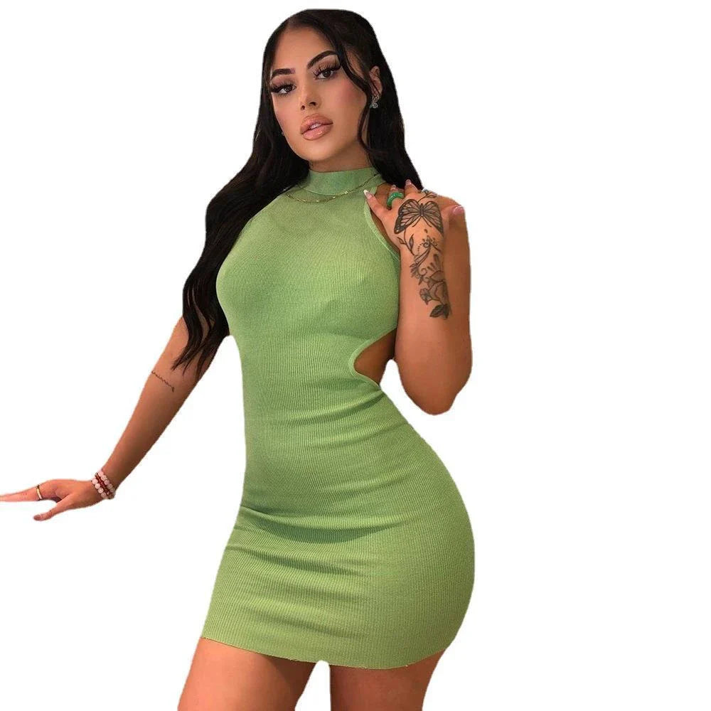 Chic women's high-neck dress with dramatic back cutout and form-fitting silhouette