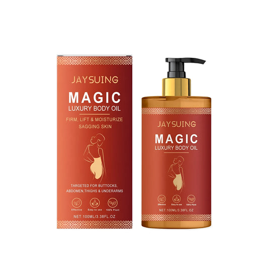 A 100ml bottle of tightening and nourishing body oil containing glycerin, vitamin E, rose hip oil, and sweet almond oil.