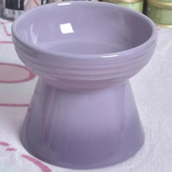 White ceramic pet bowl with high foot neck protector showing 15cm diameter and 8cm height measurement
