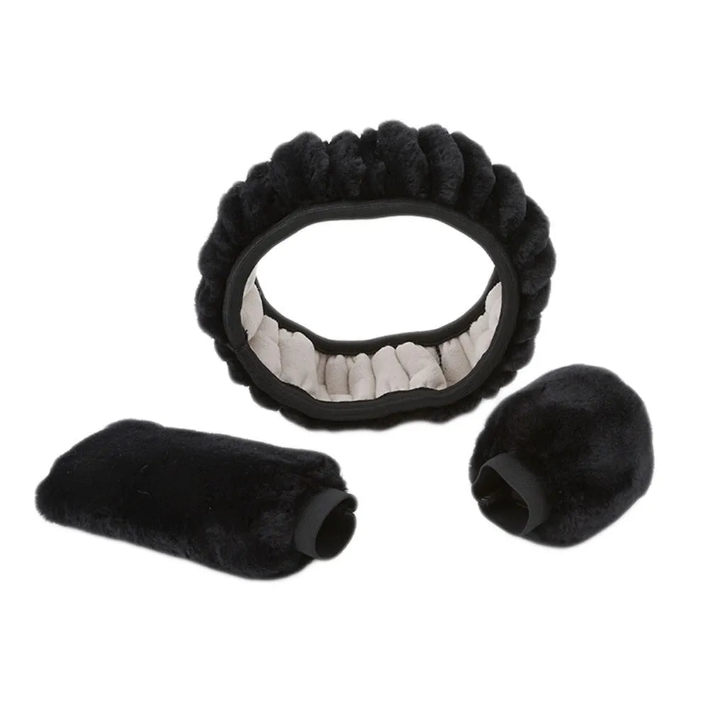 Plush winter car steering wheel cover set in six colours with matching brake and gear lever covers.