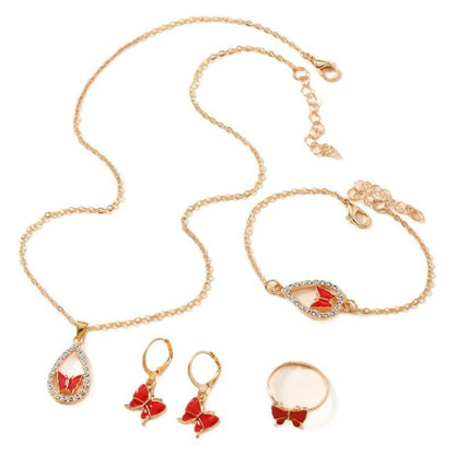 Elegant butterfly jewelry set including necklace, bracelet, and earrings with intricate design in various color options