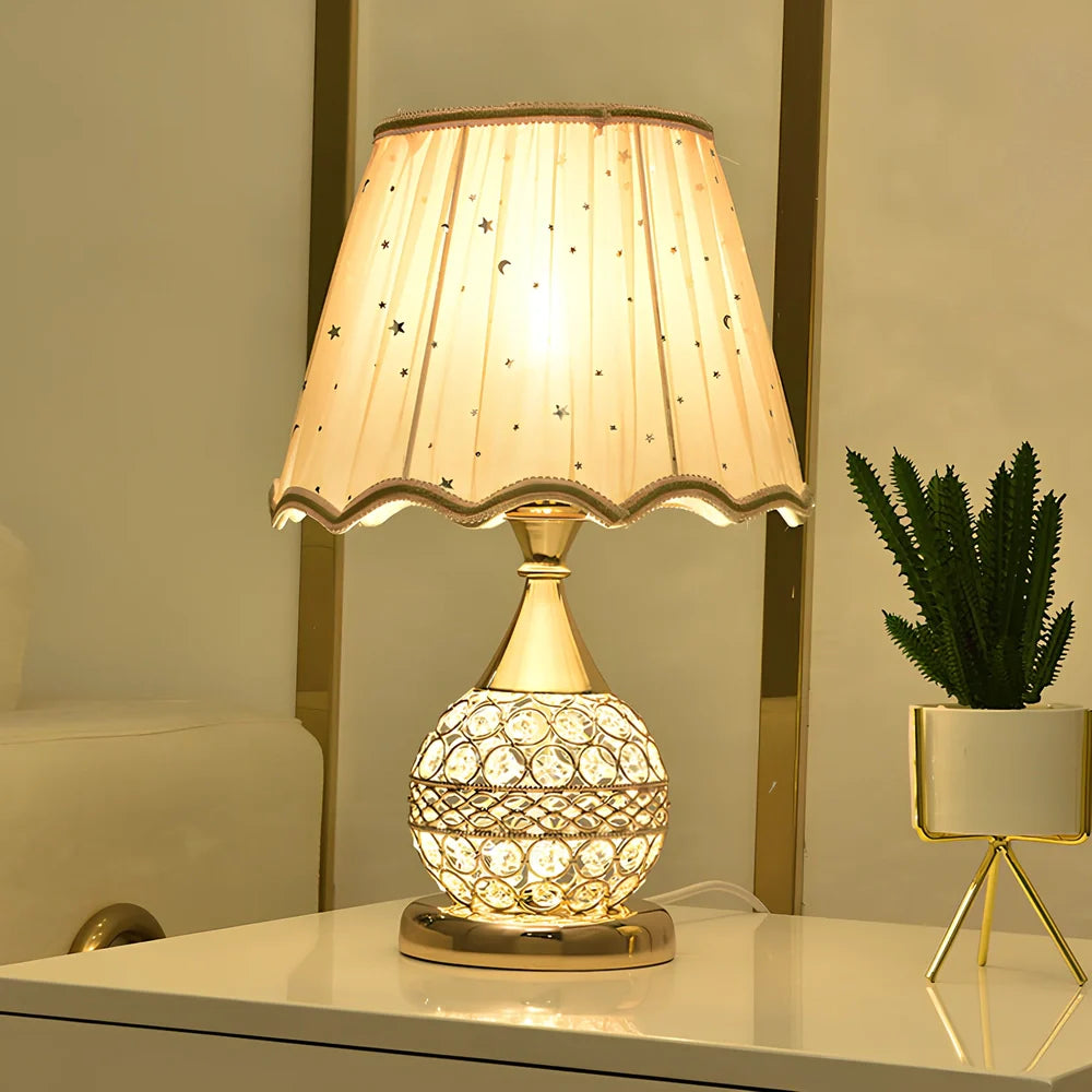 Gold crystal desk lamp 30cm tall with remote switch on bedside table, diffusing even light via manual-cut pendants