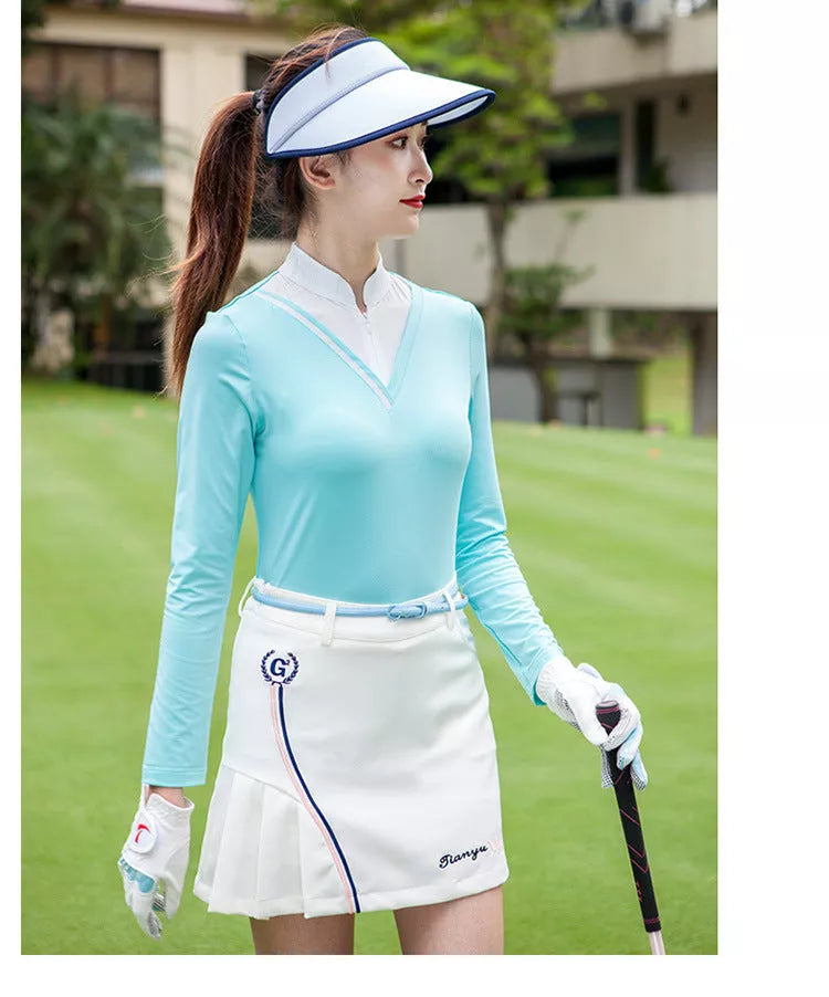 Women's golf long-sleeve t-shirt with stand-up collar and sun protection in navy blue and lake green
