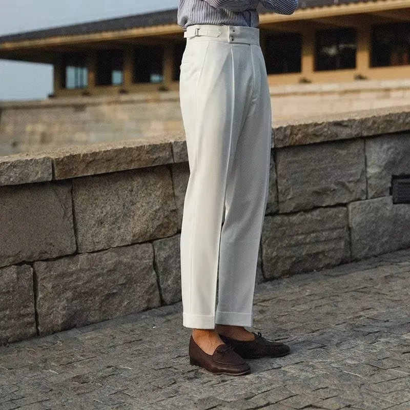 Slim fit straight-leg suit pants in black, white, or apricot for business formal wear, sizes 28-38