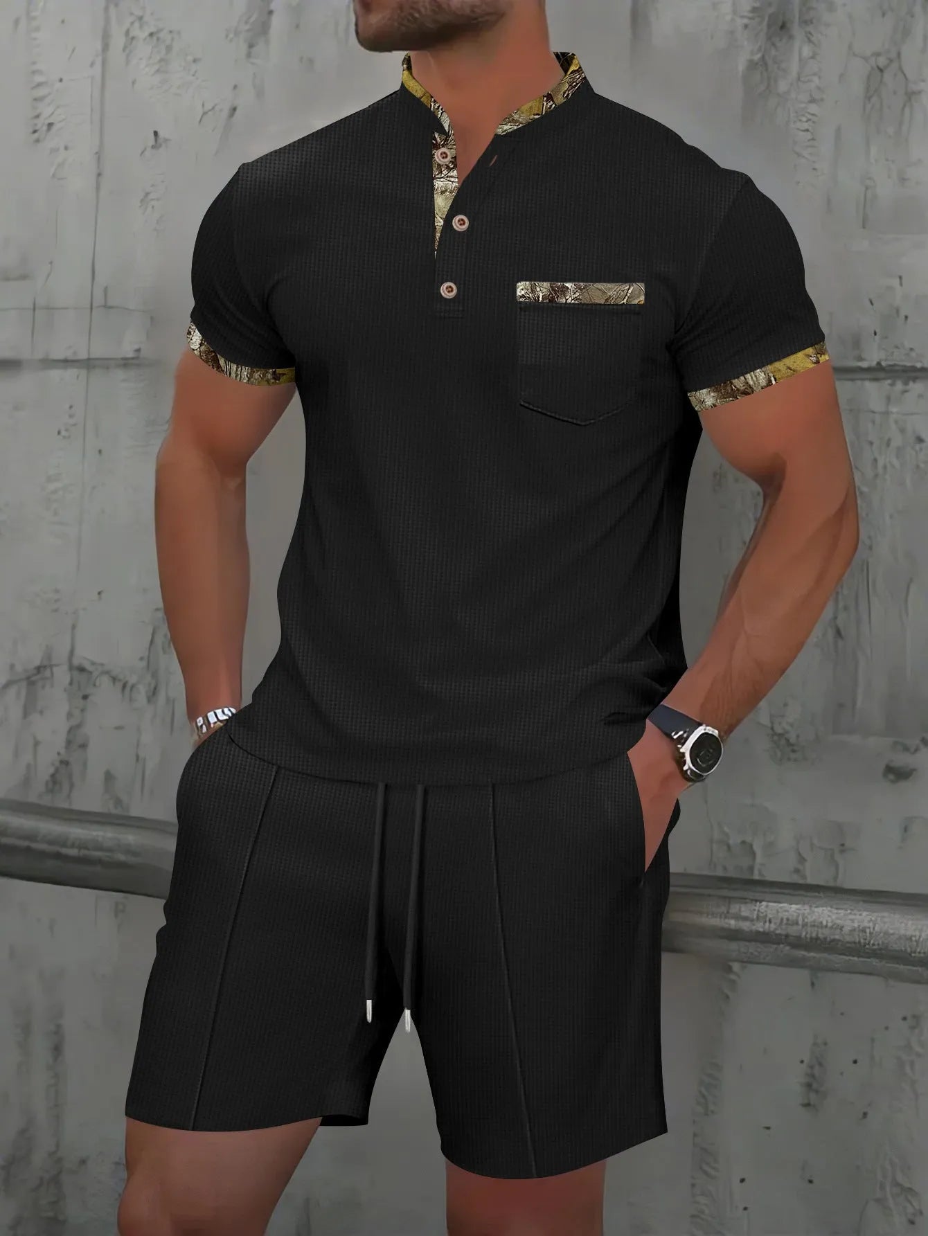 Men's grey waffle texture polo collar short sleeve suit with zipper and matching shorts for summer wear