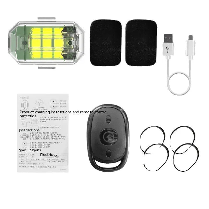 5W remote control strobe light set with four flashing lamps, ABS housing, and charging cable for vehicle modification.