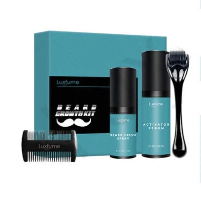 Beard Growth Essentials Kit with micro-needle roller, beard growth essence, and specialized comb for thicker, fuller beard