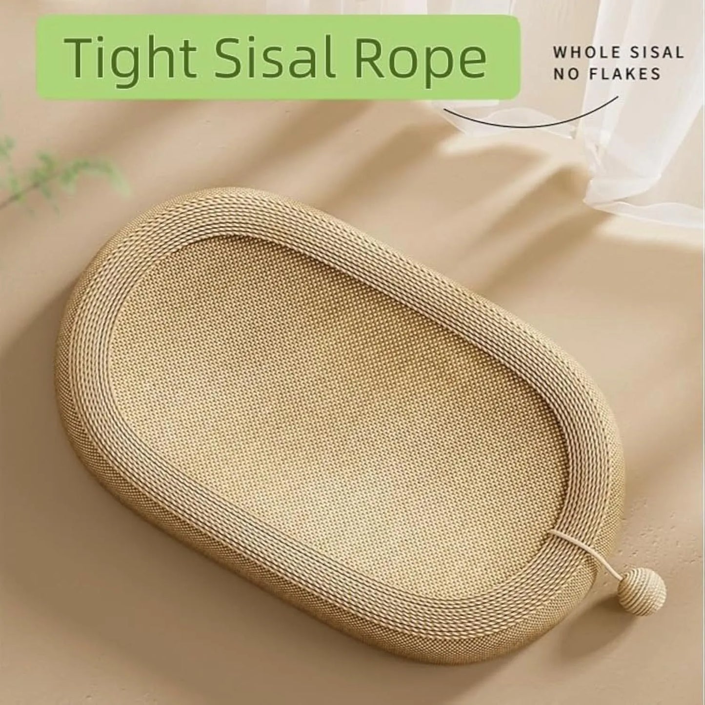 Large rectangular sisal cat scratching board with an attached raised lounge bed for cats, shown on a living room floor.