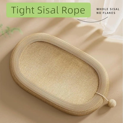 Large rectangular sisal cat scratching board with an attached raised lounge bed for cats, shown on a living room floor.