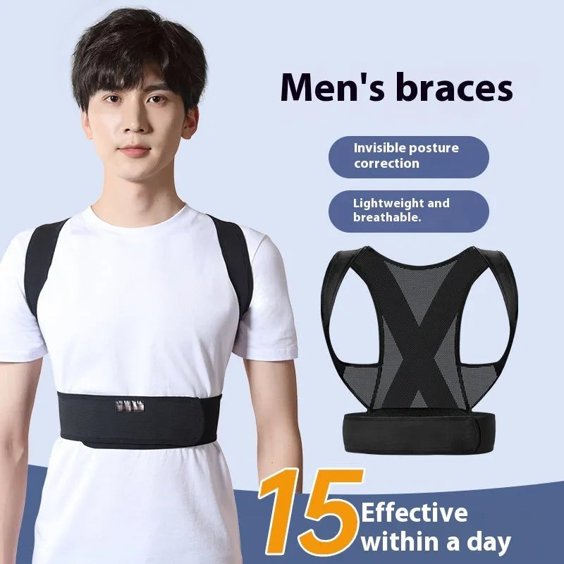 Man wearing a beige adjustable posture correction belt showing the hollow O back design and front straps.