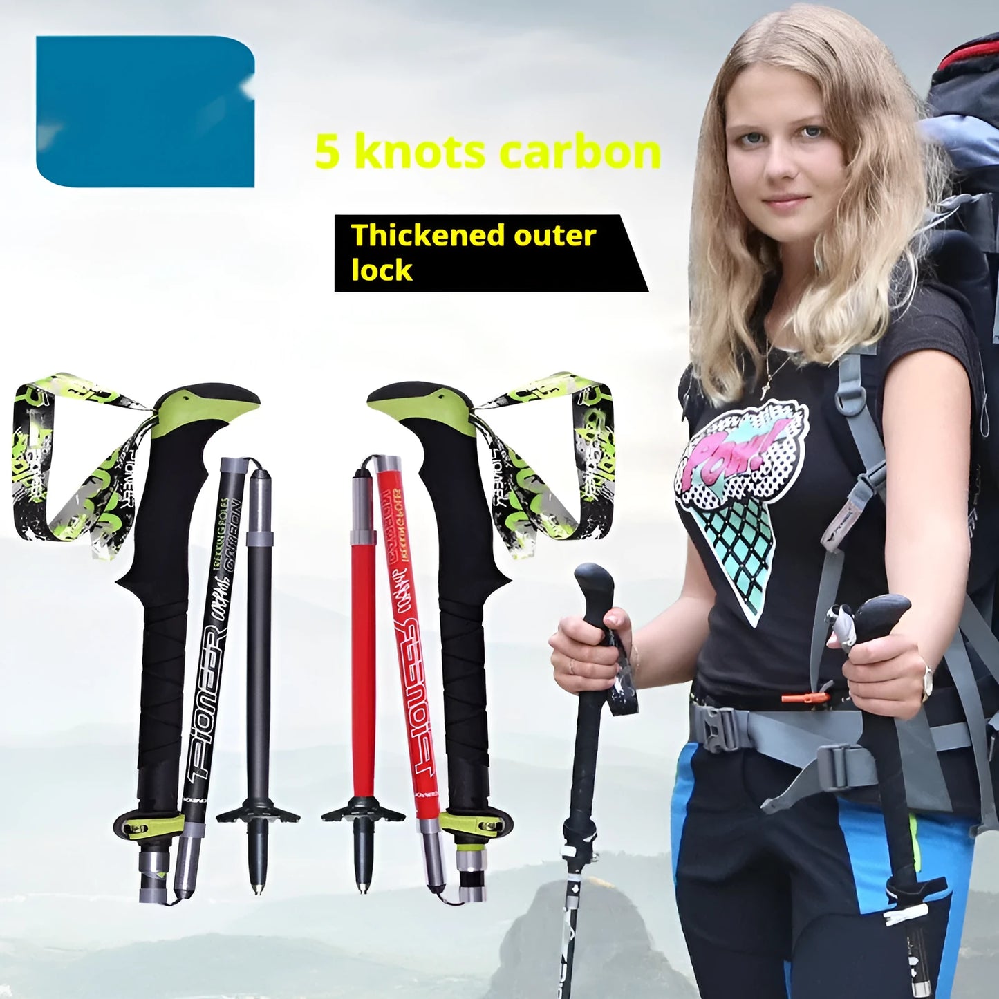 Carbon fibre folding climbing cane with telescopic sections, tungsten steel tip, and EVA foam handle
