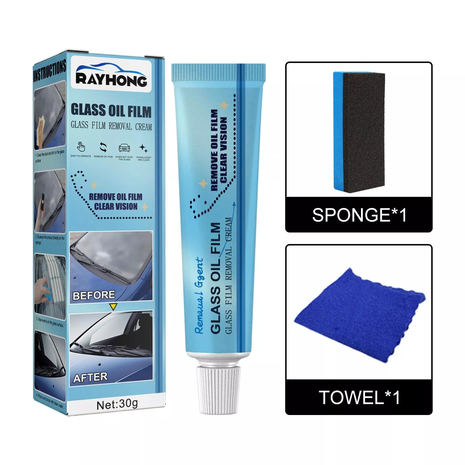 30g Car Windshield Glass Decontamination Rainproof Oil Film Remover with Sponge Cloth