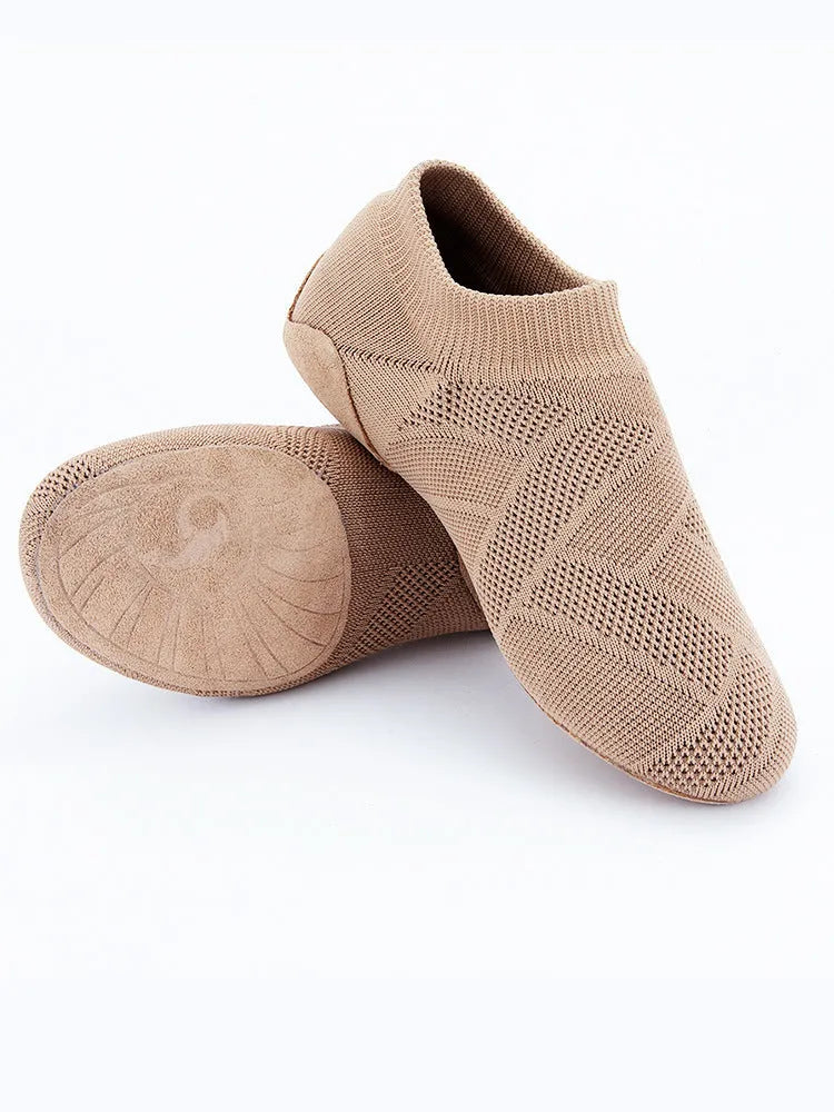 Camel coloured contemporary dance shoes with cotton mesh upper and leather sole for latin dance