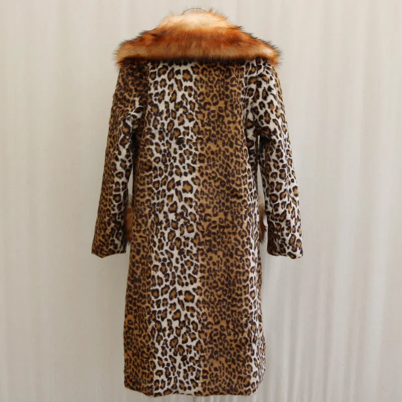 Long artificial fur jacket with leopard print design, regular sleeves, street fashion style for women's commuting wear