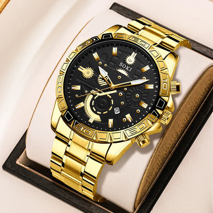 Gold men's business watch with stainless steel strap showing 10mm thickness case and calendar display