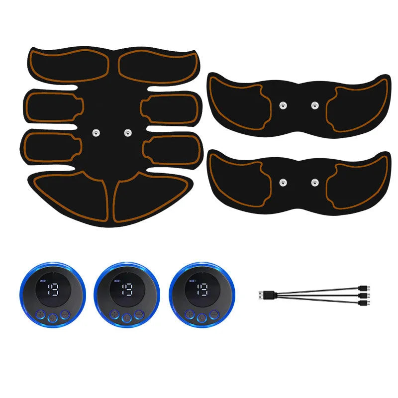 Digital display abdominal muscle patch with six massage pads and charging base in red, blue, and yellow edge options
