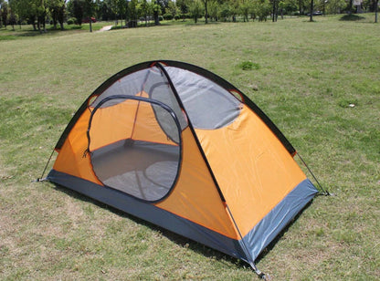 Double layer rainproof camping tent in green, orange, and blue colors for high altitude adventures