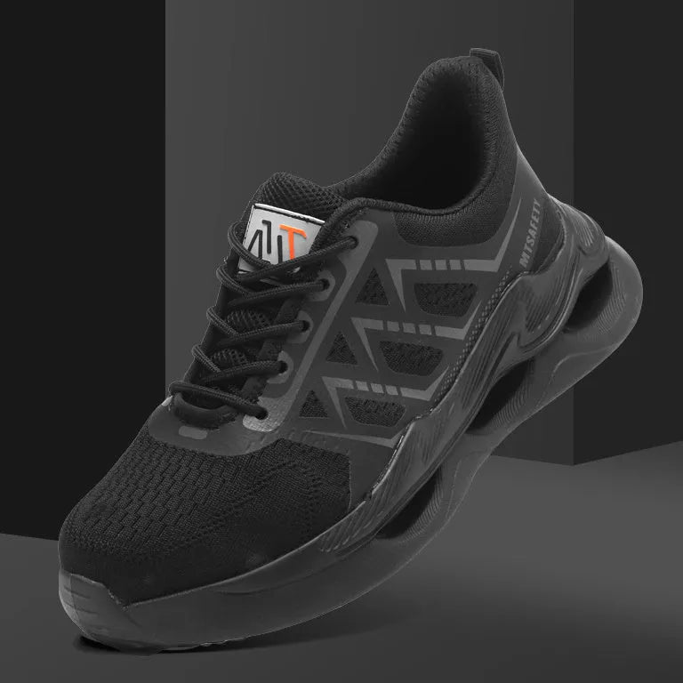 Black steel toe cap labour protection shoes with lace-up front and flat knitted uppers